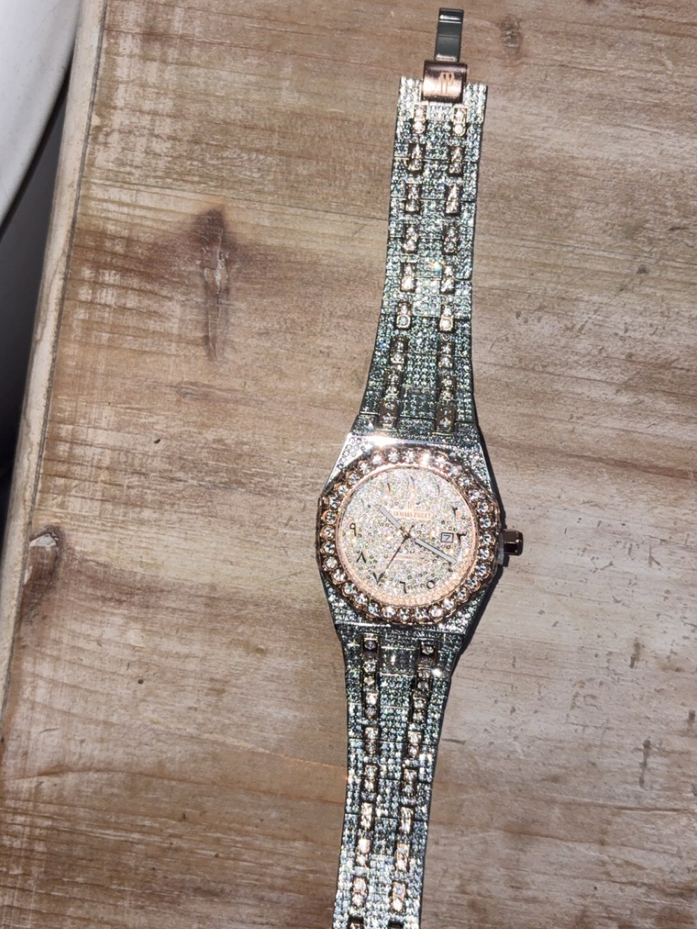 Iced Out AudePiguet Royal Oak Diamond Watch Rose Golditpast the Diamond test.